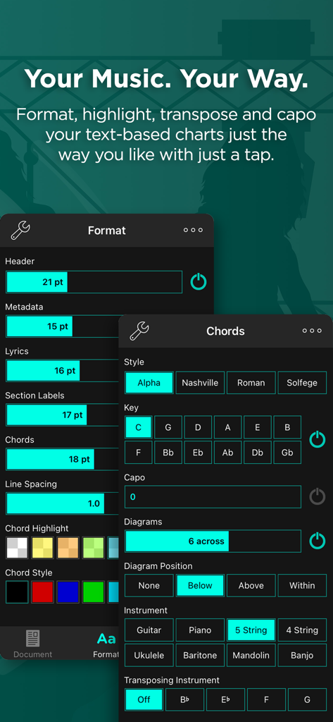 Interface of OnSong 2026 showing formatting and chord transposition settings