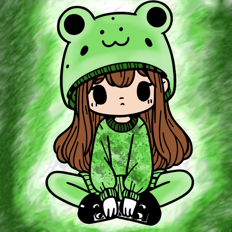 a girl wearing a frog hat and some frog socks