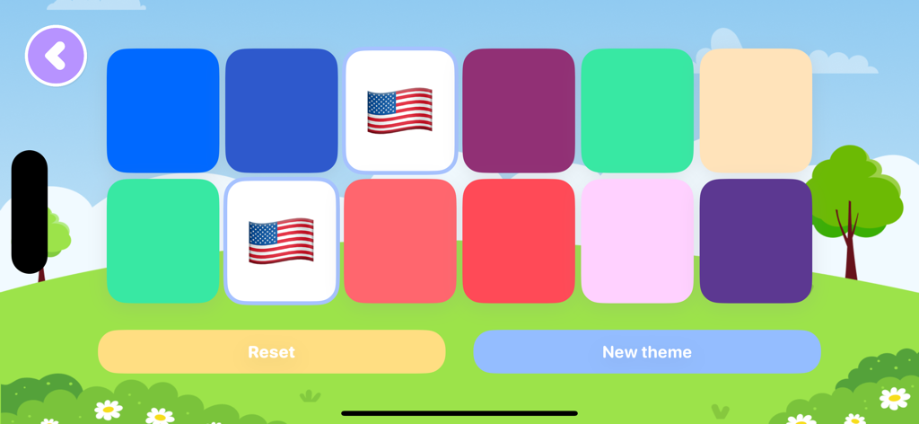 World Countries Flags - Learn - Uma interface de jogo de memória de bandeiras mostrando duas bandeiras dos EUA reveladas em uma grade colorida com um fundo de paisagem de desenho animado.