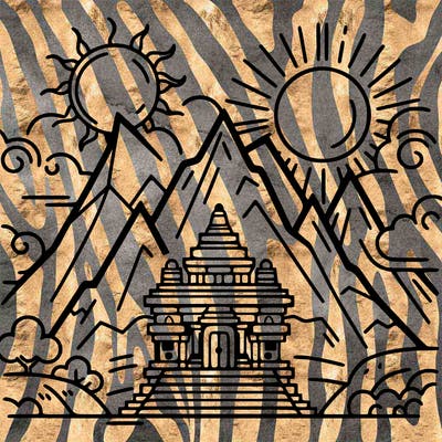 mountain with temple and sun