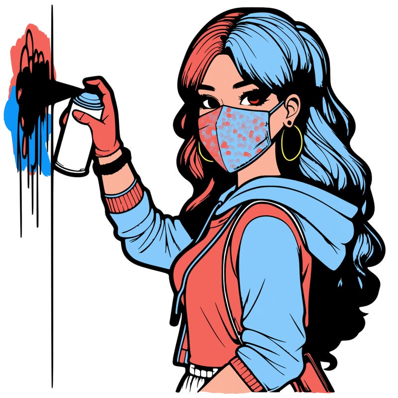 realistic girl with mask spray painting a wall