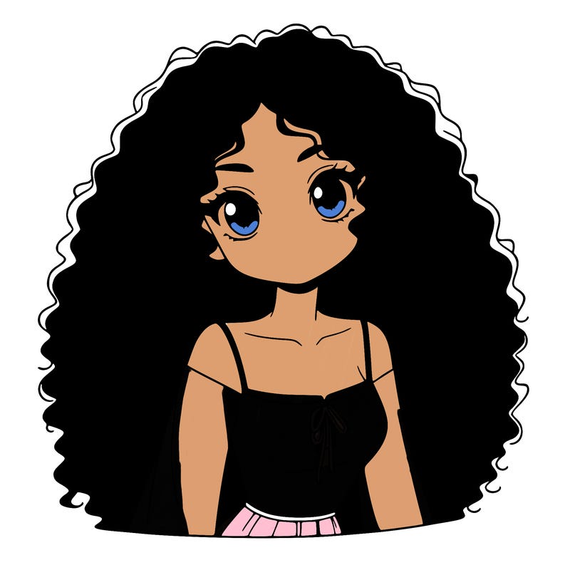a black anime girl with long afro hair