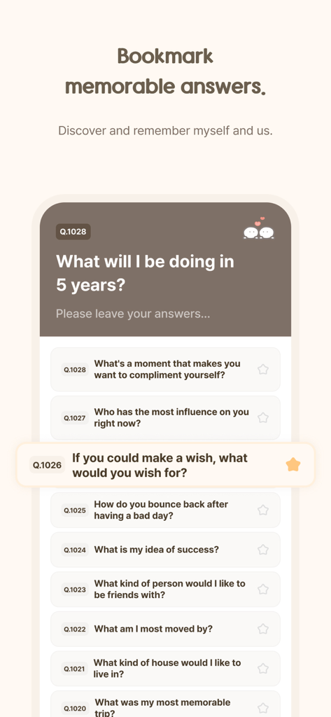 Ein Bildschirm aus der MindBridge App, der eine Liste introspektiver Tagesfragen zur Selbstreflexion und zum Journaling anzeigt.