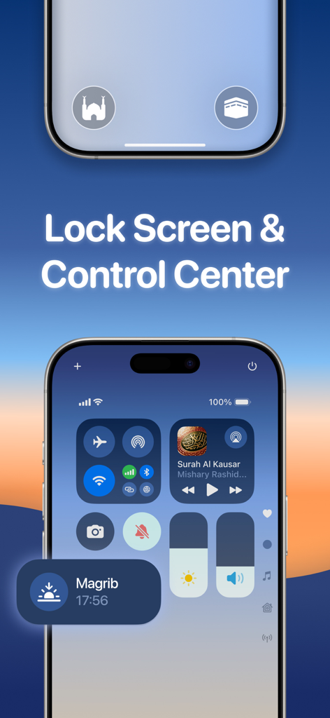 iOS Lock Screen and Control Center integration for Athan Pro app showing prayer times and Quran audio playback