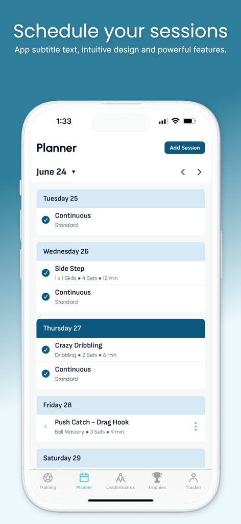 247 Football: Soccer Academy - Weekly training planner screen showing scheduled soccer drills in the 247 Football app