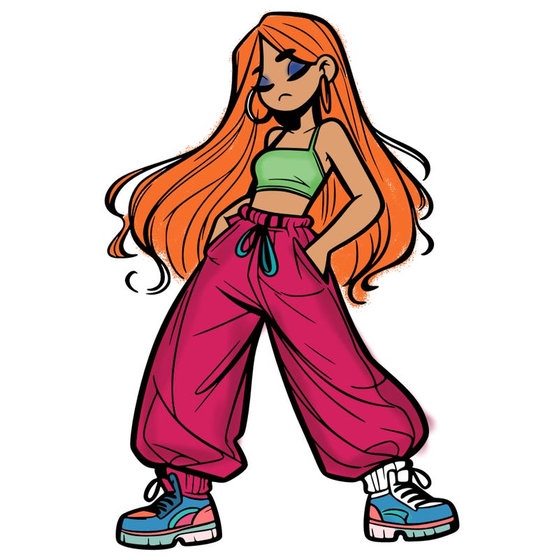 girl in baggy pants crop top and long hair
