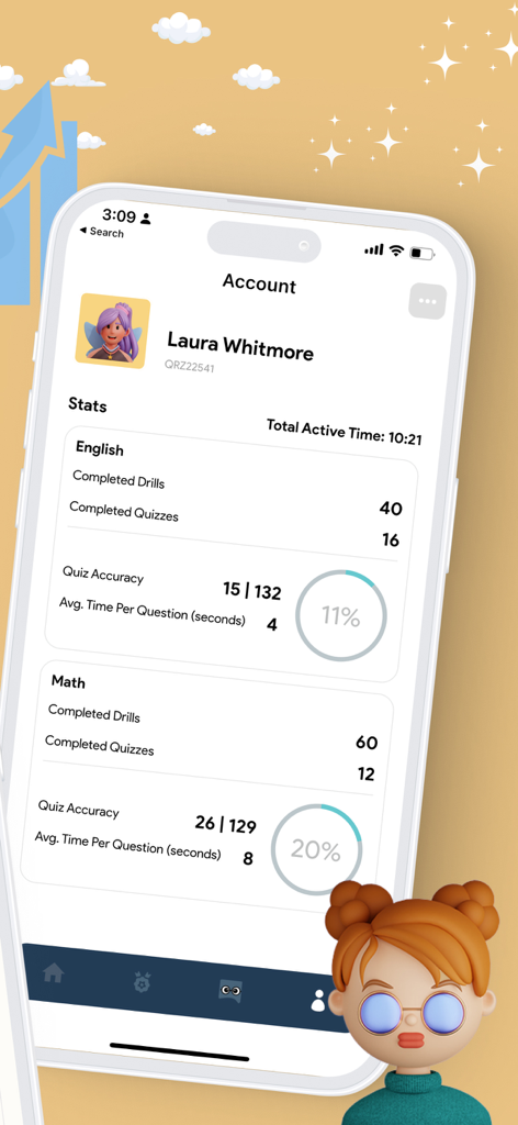 Benutzerkonto-Dashboard in der Preptly App, das SAT-Übungsstatistiken und Quizgenauigkeit für die Englisch- und Mathematik-Abschnitte anzeigt
