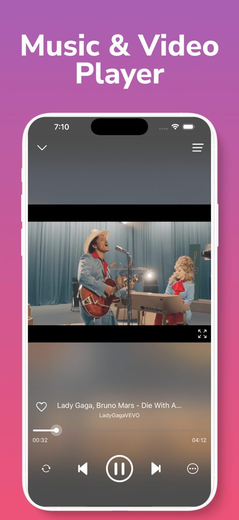 A smartphone interface showing the music and video player screen with playback controls and a music video playing.