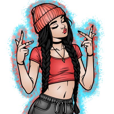 realistic teenage girl with braids and a beanie and crop top doing 🫶🏼