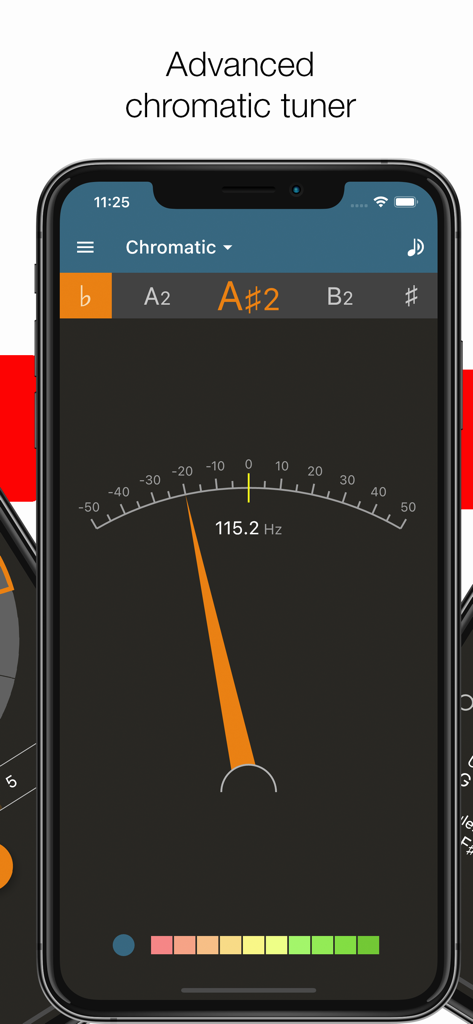 Pitched Tuner - Tuning App - Interfaccia dell'app Pitched Tuner che mostra l'accordatore cromatico avanzato con un quadrante ad ago e display