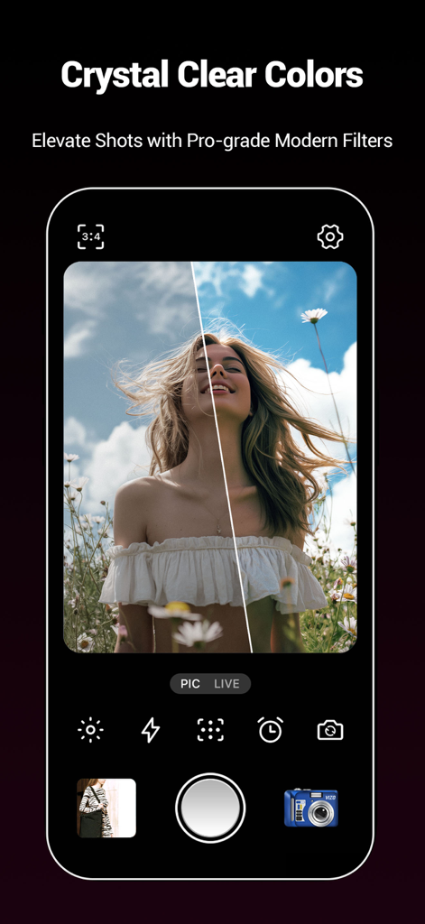 VizoCam app interface showing a split screen comparison of a modern photo filter on a woman in a flower field