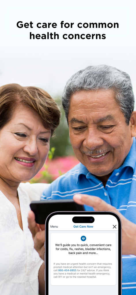 My Doctor Online (NCAL Only) - An elderly couple using the My Doctor Online app on a smartphone to find care for common health concerns