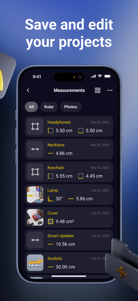 Oberfläche der AR-Lineal-App mit einer Liste gespeicherter Messprojekte und Verlaufsdaten