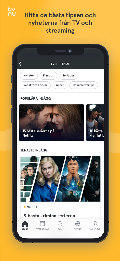 tv.nu: Streaming- & TV-guide - Pantalla de la aplicación móvil mostrando recomendaciones de películas y series seleccionadas con consejos editoriales y noticias