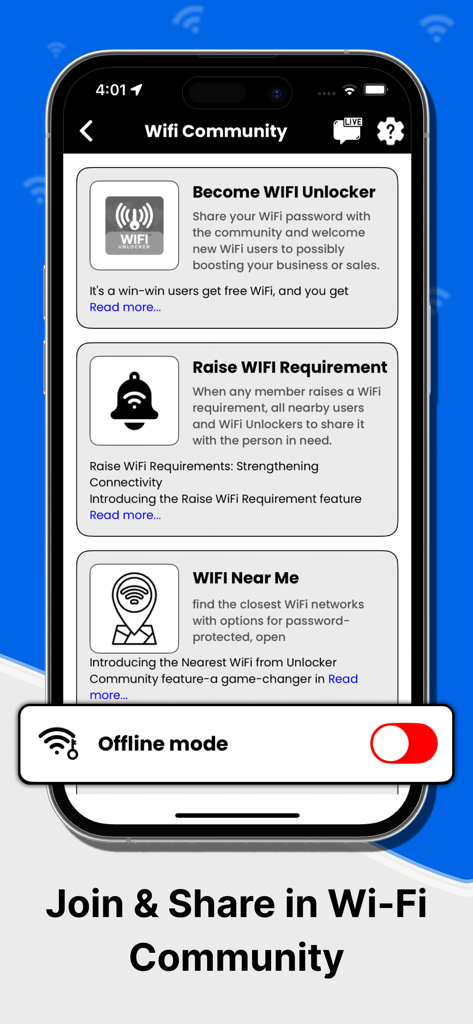 Wifi Password Community - A smartphone showing the Wifi Community app interface with options to share passwords and find nearby networks