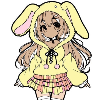 pretty anime girl wearing a fluffy hoodie with bunny ears on the hood and a skirt