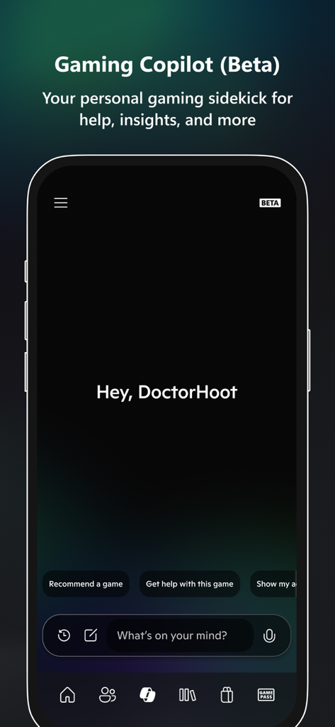 Xbox - Xbox-App-Bildschirm mit dem Gaming Copilot KI-Assistenten für Spielehilfe und Empfehlungen