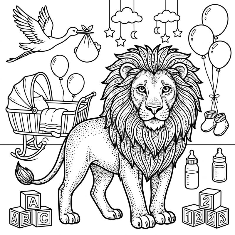 Celebrate new arrivals with this enchanting Dot Work Lion Baby Shower coloring page, blending the majesty of a lion with tender nursery motifs. Its intricate dot work style promises a delightful and relaxing coloring experience for all ages.