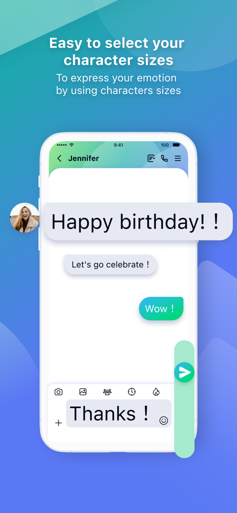 Letstalk IM - Letstalk IM chat screen showing messages with different font sizes to express emotions