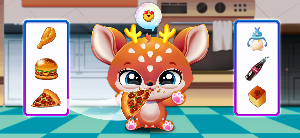 A cute virtual pet deer eating a slice of pizza in a colorful kitchen with various food and drink options displayed