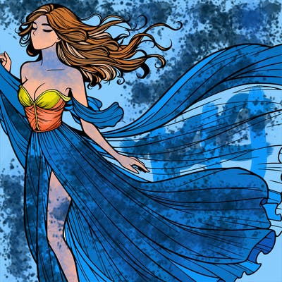 realistic woman in dress flowing the the wind