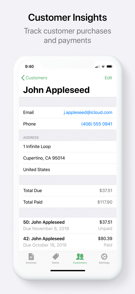 Invoice Maker: PDF Generator - Customer management screen showing payment history and contact details