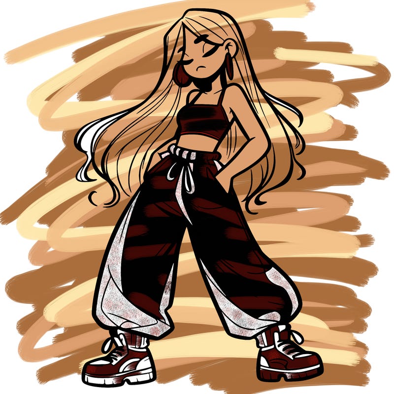 girl in baggy pants crop top and long hair