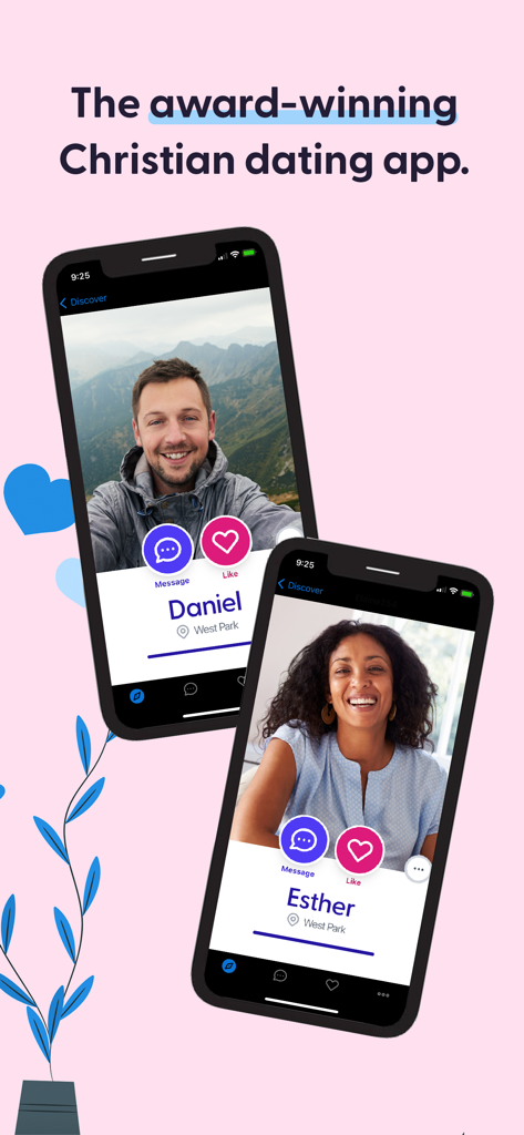 Two mobile phones displaying user profiles on the Christian Connection dating app.