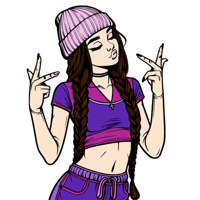 realistic teenage girl with braids and a beanie and crop top doing 🫶🏼