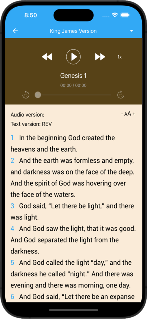 inWORD Bible - inWORD Bible app screen showing Genesis 1 text with integrated audio playback controls