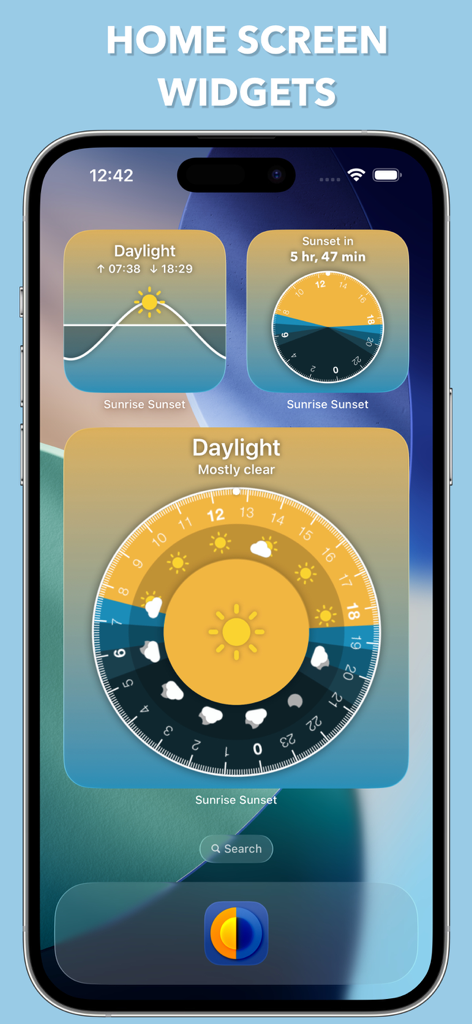 Sunrise Sunset Widget - Tela de início do iPhone mostrando vários widgets de nascer e pôr do sol com mostradores solares e rastreamento de luz do dia
