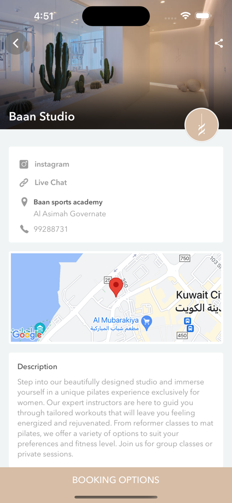 Baan - Baan Studio app showing pilates studio description contact info and map