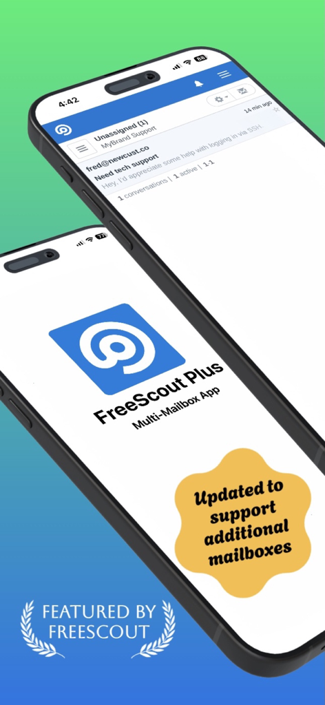 FreeScout Plus mobile app interface showing multi-mailbox management on iPhone