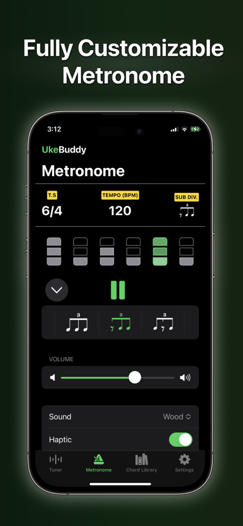 Uke Tuner: Song Chord Ukulele - A smartphone showing the customizable metronome interface with tempo and subdivision settings for ukulele players
