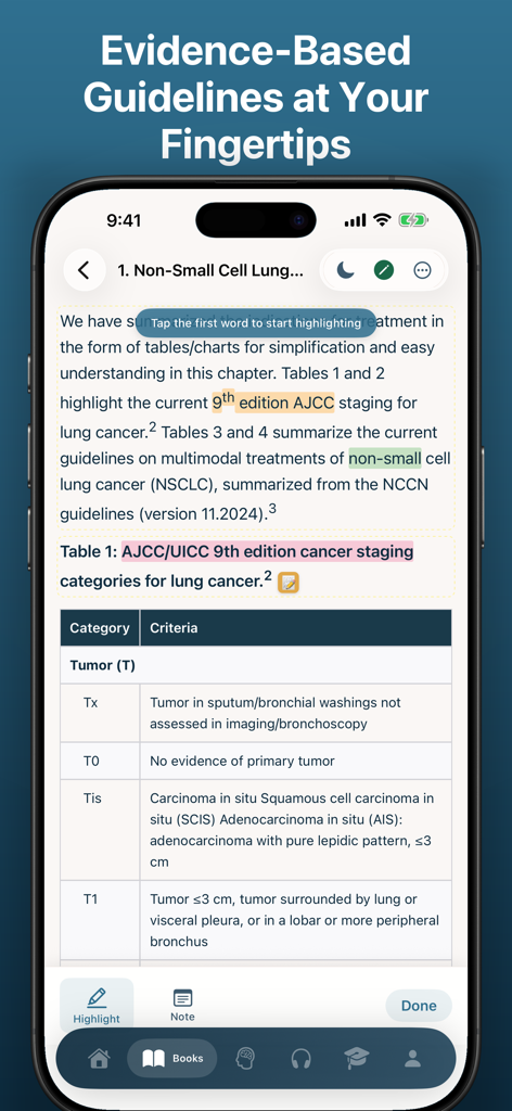 A smartphone screen displaying a medical textbook chapter on lung cancer staging with highlighting and annotation tools in the TSRA App.