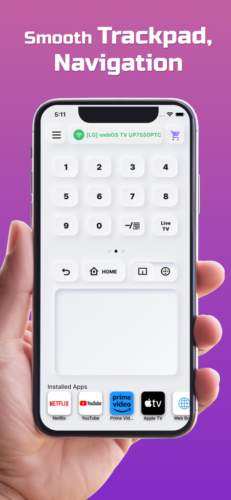 Remote for LG TV - WebOS TV - Smartphone screen showing the Remote for LG TV app interface with numeric keypad and trackpad navigation