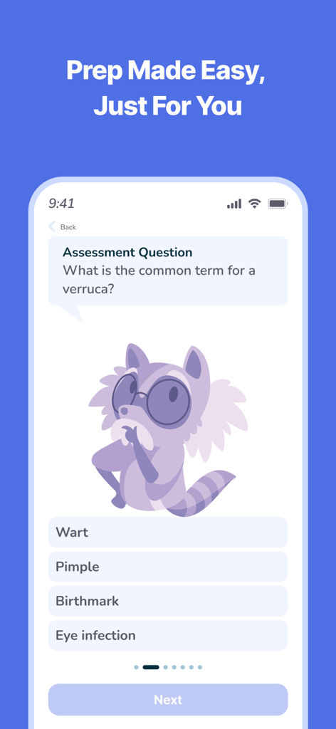 Esthetician and Cosmetology exam prep app showing a practice question about verruca with multiple choice answers and a cartoon mascot