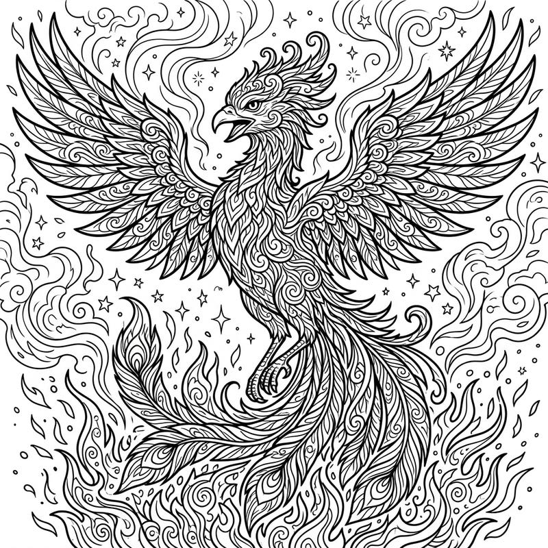 Ignite your imagination with this stunning phoenix coloring page, designed specifically for teens who love intricate designs and mythical creatures. Explore the detailed feathers and fiery background, ready for your unique artistic touch.