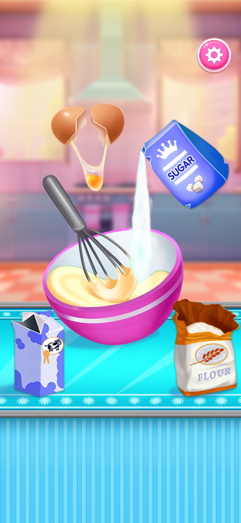 Ice Cream Cake & Baking Games - A digital scene of a cake baking game showing sugar and eggs being mixed into a bowl with a whisk.