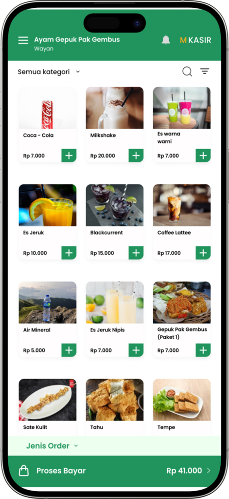 MKASIR - APLIKASI KASIR - MKASIR 모바일 앱 인터페이스에는 레스토랑을 위한 가격이 포함된 음식 및 음료 항목의 그리드가 표시됩니다.