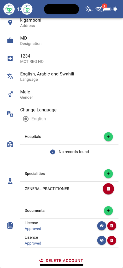Pantalla de perfil profesional para un médico que muestra el número de registro, especialidad y licencias médicas aprobadas