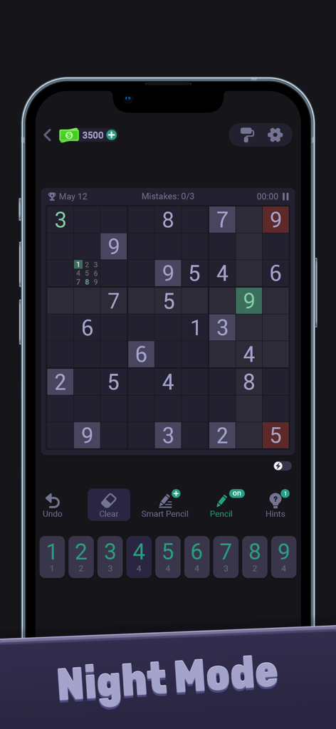 Sudoku: Train Brain Puzzles - Interfaz del juego de Sudoku que muestra una cuadrícula de 9x9 en modo nocturno con un tema oscuro y un teclado numérico