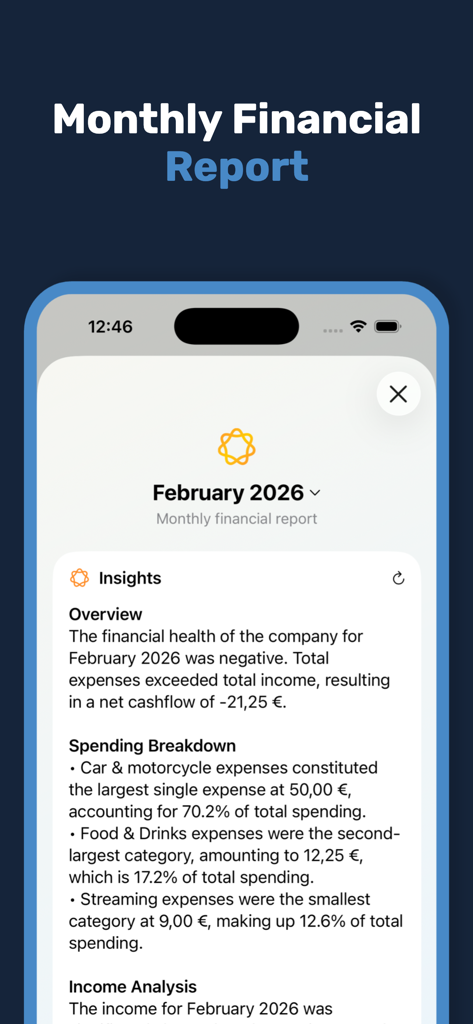 Numeo app interface showing an AI-generated monthly financial report with spending breakdown and overview insights