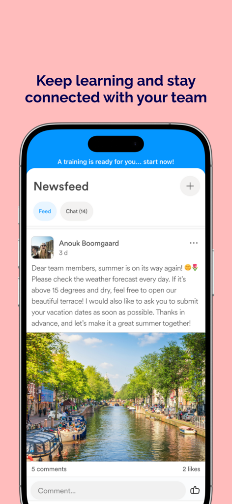 Eitje - Eitje mobile app newsfeed showing team updates and training notifications