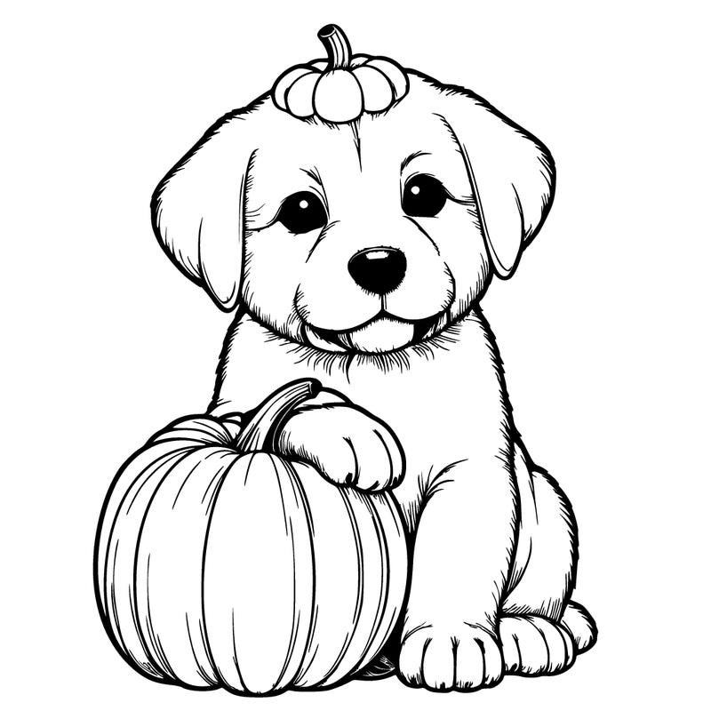 a realistic puppywith a pumpkin on his head