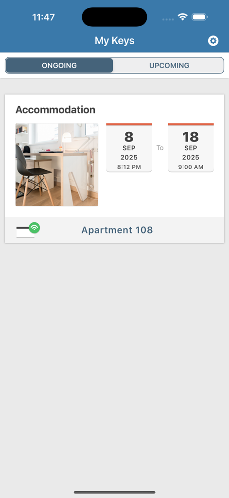 Vingcard Mobile Access app screen showing an active digital key for Apartment 108