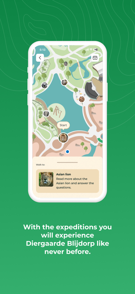 Rotterdam Blijdorp Zoo - Rotterdam Blijdorp Zoo mobile app showing an interactive map with animal icons and an Asian lion expedition guide.
