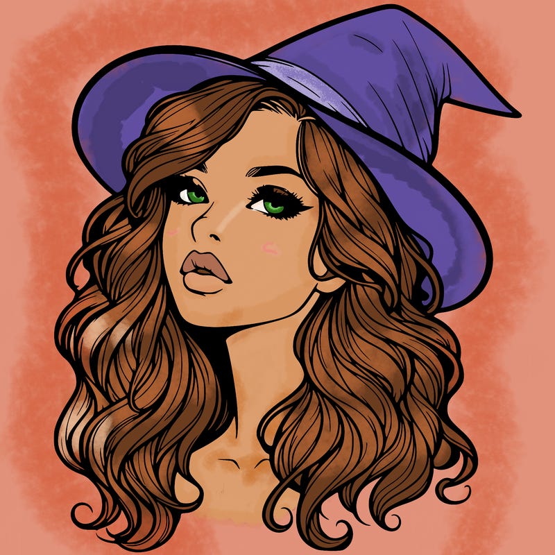 realistic witch girl with wavy hair and lips
