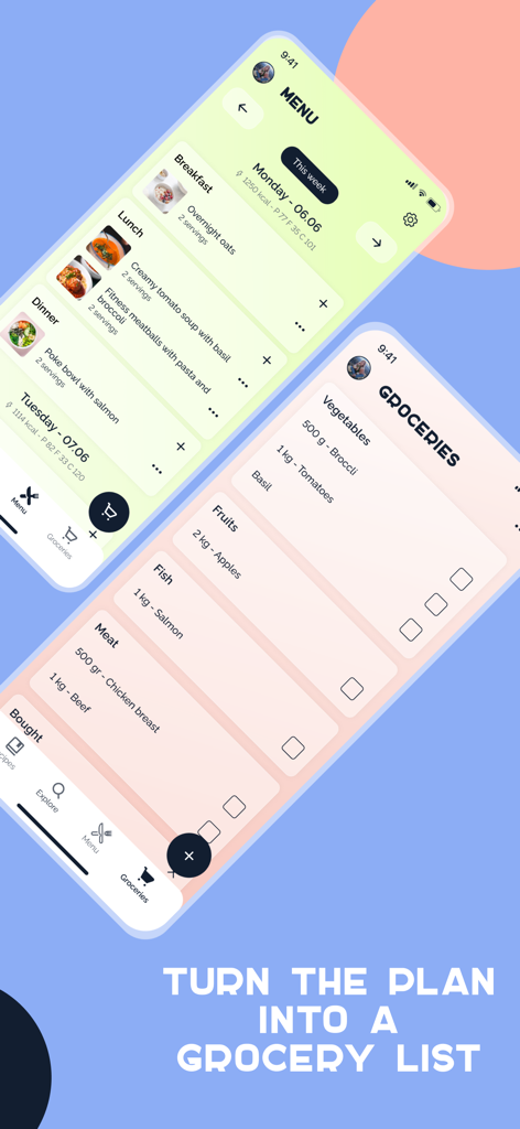 Smartphone screens displaying a daily meal menu and a categorized grocery list in the Plate app.