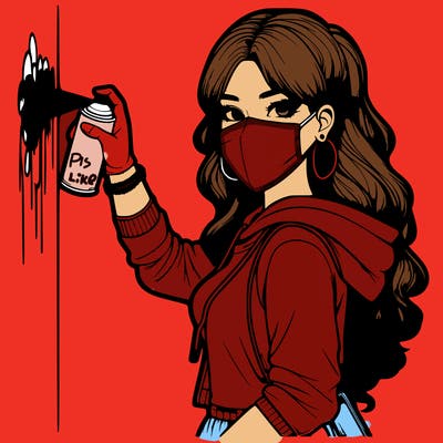 realistic girl with mask spray painting a wall